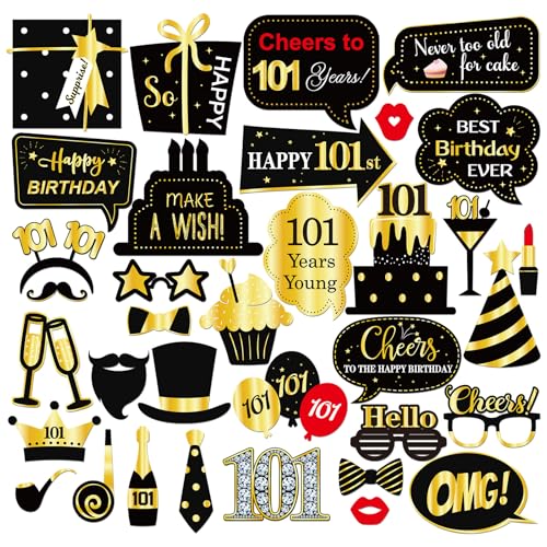101st Birthday Photo Booth Props Women Men Birthday Photoshoot Funny Birthday Party Photography Props Favor 101 Years Old Centerpiece Sticks Decorations 35 PCS - size: 101