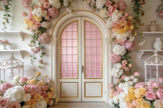 5x3ft Floral Arch Door Backdrop Pink Yellow Roses Hydrangea Flowers French Door White Wall Photo Background for Wedding Baby Shower Birthday Party Decor Photo Booth Props Polyester - color: White, size: 5x3ft