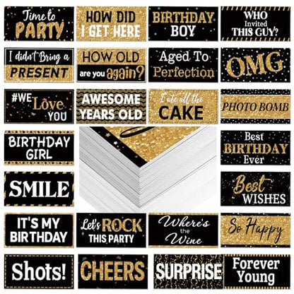Beeveer 24 Designs Birthday Photo Booth Props Double Sided 11x5.5 Inch Happy Birthday Photo Booth Props 40th 50th 60th Funny Holiday Graduation Wedding Party Favors Supplies DIY Waterproof Selfie Sign - color: Black Gold, style: Birthday