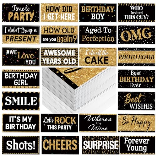 Beeveer 24 Designs Birthday Photo Booth Props Double Sided 11x5.5 Inch Happy Birthday Photo Booth Props 40th 50th 60th Funny Holiday Graduation Wedding Party Favors Supplies DIY Waterproof Selfie Sign - color: Black Gold, style: Birthday
