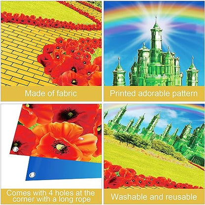 4Pack Yellow Brick Road Runner and Emerald Castle Backdrop for Wizard Party Decorations,Yellow Brick Stone Road Leading Emerald Castle Rainbow Background for Photography Halloween Princess Party Decor