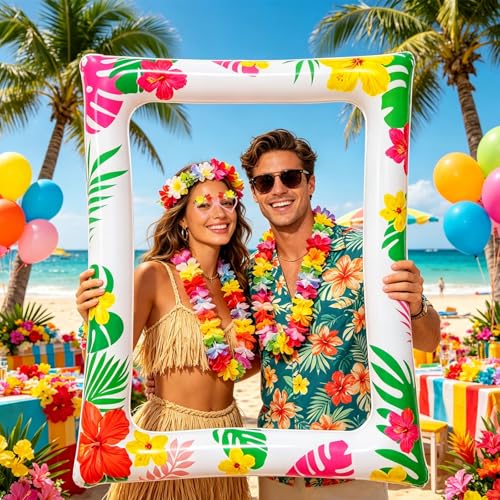 29 PCS Hawaiian Party Photo Booth Props Kit, LMSHOWOWO Inflatable Hawaiian Photo Booth Frame Selfie Frame, Funny Summer Luau Photo Booth Props for Hawaiian Tropical Tiki Summer Pool Party Supplies - color: Colorful Hawaiian