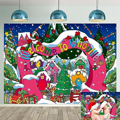 Welcome to Whoville Backdrop 7x5FT Winter Christmas Village Photography Background for Kids First Birthday Baby Shower Happy New Year Xmas Holiday Party Decoration Supplies Photo Props - size: 7x5FT