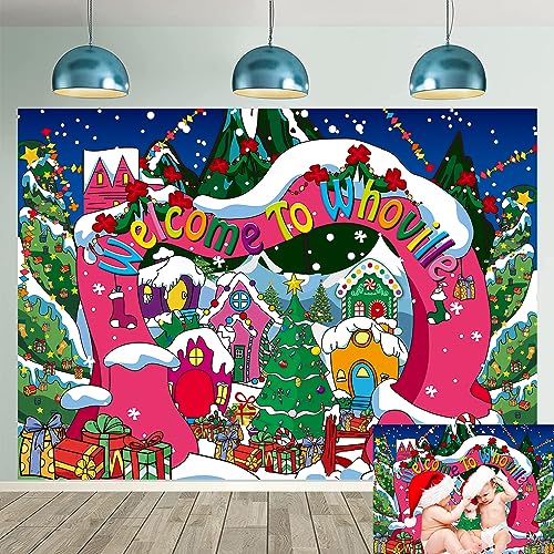 Welcome to Whoville Backdrop 7x5FT Winter Christmas Village Photography Background for Kids First Birthday Baby Shower Happy New Year Xmas Holiday Party Decoration Supplies Photo Props - size: 7x5FT