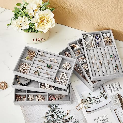 Junkin 18 Pcs Velvet Jewelry Tray, Stackable Jewelry Organizer Trays for Drawer, Jewellery Box Divided Display Tray, Jewelry Inserts for Drawer for Rings Earring Bangle Necklaces(Gray) - color: Gray