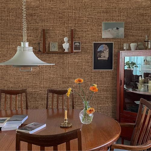 Brown Grasscloth Peel and Stick Wallpaper 17.3"x480" Faux Linen Textured Contact Paper Removable Self Adhesive Vinyl Wallpaper for Bedroom Bathroom Kitchen Cabinets - color: Brown, size: 17.3" x 480"