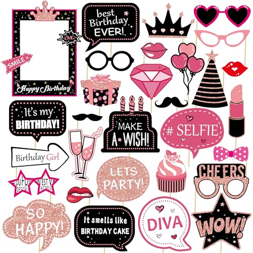 Birthday Decorations, Tumwisk 30PCS Birthday Photo Booth Props, Rose Gold Happy Party Decorations for Women, Glitter Selfie Props for Party - color: Black