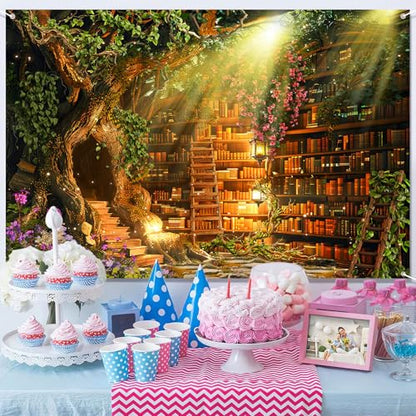 Fairy Tale Library Backdrop for Photography,Woodland Bookshelf Enchanted Magic Storybook Photo Background,7x5ft Child Birthday Party Decoration Banner Portrait Studio Props - size: 7X5ft