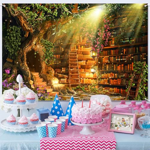 Fairy Woodland Library Backdrop Spring Enchanted Forest Bookshelf Book Tree Photography Backgrounds Magic Nature Girl Birthday Party Decorations Banner Photo Booth Props 10X7ft - size: 10X7ft