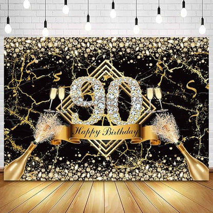 Sensfun Happy 90th Birthday Backdrop Black Gold Glitter Marble Diamond Photography Background Women Men Fabulous 90th Birthday Decorations 90 Years Old Birthday Party Banner Photo Studio Props 10x7ft - size: 10x7ft