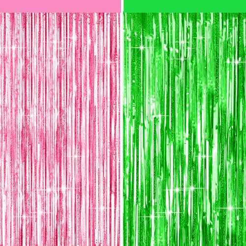 4 Packs Pink and Green Foil Fringe Curtain, Pink Green Metallic Tinsel Backdrop for Birthday, Baby Shower, Princess Bachelorette Party, Witch Party Decorations Supplies - color: Pink Green