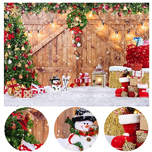 Rustic Christmas Barn Wood Door Backdrop for Photography Xmas Tree Snow Gift Wall Floor Party Photo Background Winter Holiday Family Supplies Banner Decoration Studio Props 12391 (10x10FT) - size: 10x10FT