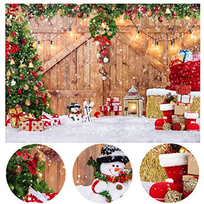 Rustic Christmas Barn Wood Door Backdrop for Photography Xmas Tree Snow Gift Wall Floor Party Photo Background Winter Holiday Family Supplies Banner Decoration Studio Props 12391 (10x10FT) - size: 10x10FT