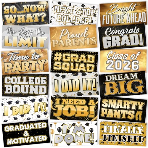 Beeveer 24 Designs 2026 Graduation Photo Booth Props Double Sided 11x5.51'' Graduation Party Decoration Gold Black Picture Props for Photoshoot Supplies Waterproof Selfie Signs PVC for Party Supplies - color: Black Gold, style: Graduation