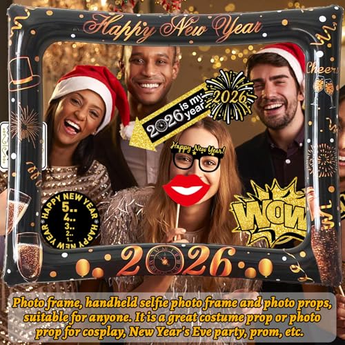 32PCS Funny New Year Photo Booth Props, Inflatable New Year Photo Booth Frame, Happy New Year Selfie Frame for New Year Party Supplies - color: Black New Year