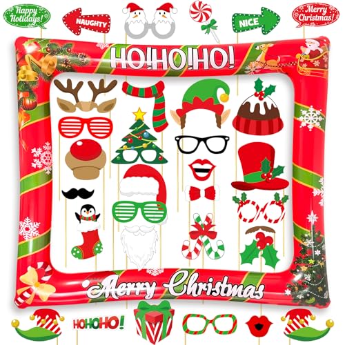 Christmas Photo Booth Props Inflatable Frame, 32Pcs Christmas Party Photo Booth Props with Inflatable Picture Frame Large for Xmas Holiday Party Selfie Supplies - color: Christmas