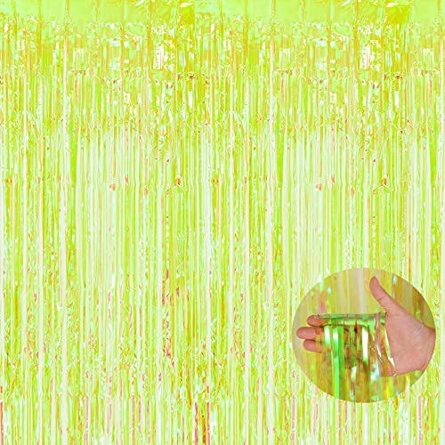BRAVESHINE Iridescent Foil Fringe Backdrop - 2 Pack 3.2 x 6.5 ft Holographic Tinsel Curtain Party Streamers Photo Backdrop for Birthdays Dinosaur Theme Christmas Patricks Decorations - Clear Green - color: Clear Green