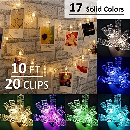 Solhice Photo Clips String Lights Color Changing 10ft, 20 LEDs RGB Hanging Pictures Wall Display Lights for Teenager Christmas Gift, Teen Girl Room Decor with USB Powered Remote Control - size: 10ft