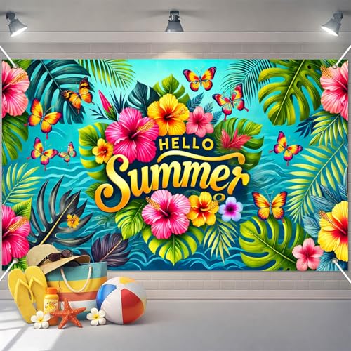 HOMETITUTE Hello Summer Banner 71 x 43 inch Summer Hawaiian Party Decorations Flower Butterfly Summer Outdoor Decorations Supplies Backdrop Tropical Beach Hawaiian Party Themed Photo Booth Props