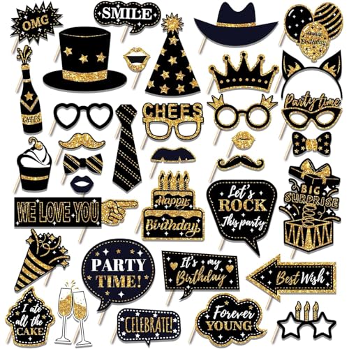 HARZHI Photo Booth Props Kit for Birthday Wedding Party Supplies Carnival Crazy Dance Decor Photobooth Funny Cute Holiday Selfie Supplies Masked Ball (36 Pcs Birthday)