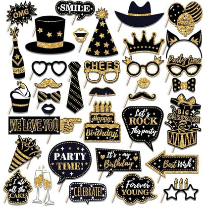 HARZHI Photo Booth Props Kit for Birthday Wedding Party Supplies Carnival Crazy Dance Decor Photobooth Funny Cute Holiday Selfie Supplies Masked Ball (36 Pcs Birthday)