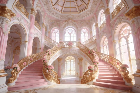 5x3ft Pink Gold Palace Staircase Backdrop Luxury Royal Castle Double Staircase Floral Ornate Photo Background for Wedding Princess Birthday Party Decor Photo Booth Props Polyester - color: Pink, size: 5x3ft