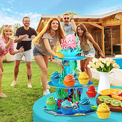 Under The Sea 3 Tier Ocean Cupcake Stand - First Birthday Decorations for Boy - Shark & Mermaid Party Supplies