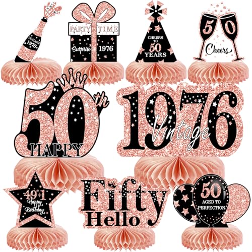 9Pcs 50th Birthday Decorations Honeycomb Centerpieces for Women, Rose Gold Pink Happy 50th Birthday Centerpieces Tables Toppers Party Decorations Supplies, Vintage 1976 Aged Table Sign Decor - color: Rose Gold 50th