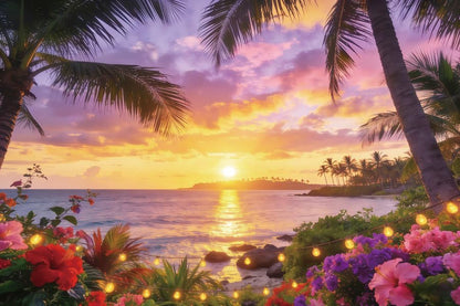 7x5ft Tropical Beach Photo Backdrop Summer Ocean Hawaiian Background Sunrise Sunset Hawaii Luau Party Island Palm Tree Seaside Aloha Party Baby Shower Birthday Party Banner Photo Studio Props - color: Violet, size: 7x5ft