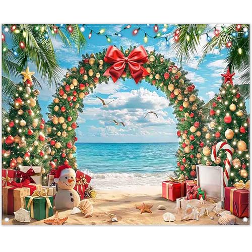 10x8ft Fabric Christmas Beach Backdrop Summer Xmas Tree Snowman Arch Seagull Tropical Hawaiian Photography Background Family Holiday Party Decor Photo Props - size: 10'x8'