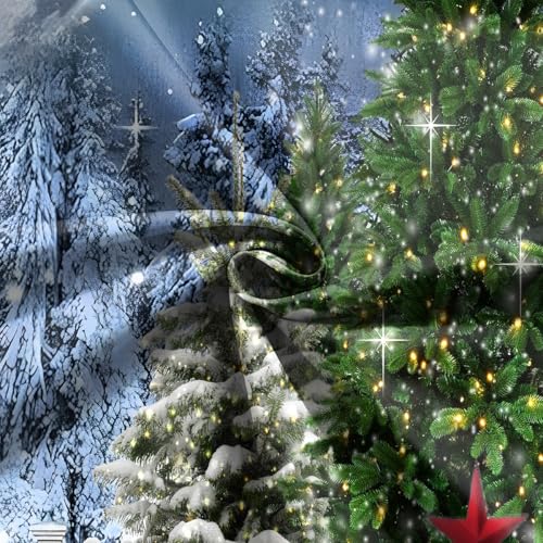 7x5 FT Christmas Scene Backdrop Xmas Tree Winter Forest Scene Wonderland North Pole Night Background Starry Sky Moon Reindeer Santa Claus Christmas Decorations Family Photo Shoot Booth Props - size: 7x5 FT
