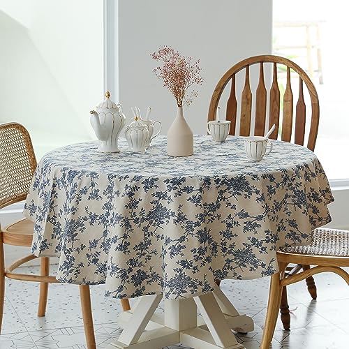 YiHomer Pastoral Round Tablecloth - 60 Inch Dia. Table Cloth - Washable Table Cover with Dust-Proof Wrinkle Resistant for Restaurant, Picnic, Indoor and Outdoor Dining, Floral (Dark Blue) - color: A - Floral (Dark Blue), size: 60" (Round)