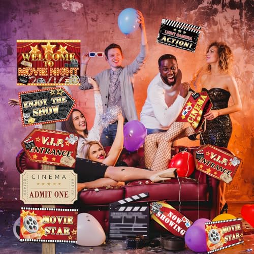 Hooqict 20 Pieces Movie Night Decorations Movie Themed Party Directional Signs for Cinema Welcome Now Showing Theater Film Birthday Party Decorations Supplies - style: Movie