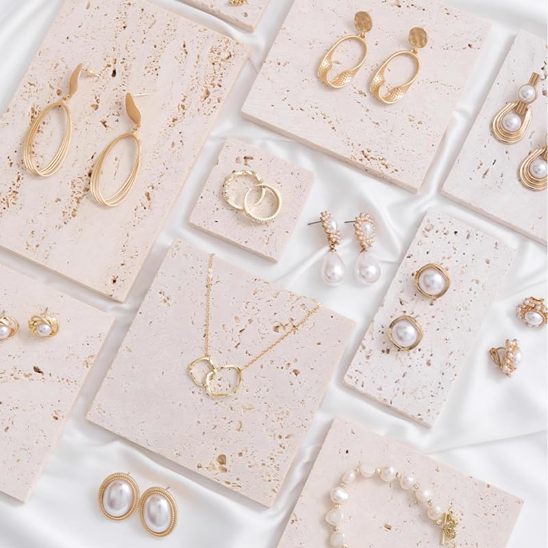 Natural Travertine Stone Display Tiles, Decorative Photography Props for Jewelry, Cosmetics, Home Decor, Beige Stone Blocks (10cm*20cm) - size: 10cm*20cm