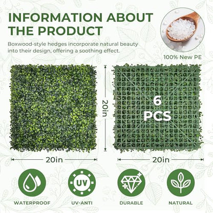 Artificial Grass Wall Panel Screen: 20"x20" 6P (16.7 sqft) UV-Anti Faux Boxwood Panels for Indoor Outdoor Green Wall Decor, Privacy Fence, Patio, Balcony, Party Backdrop - size: 20"x20" 6P