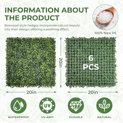 Artificial Grass Wall Panel Screen: 20"x20" 6P (16.7 sqft) UV-Anti Faux Boxwood Panels for Indoor Outdoor Green Wall Decor, Privacy Fence, Patio, Balcony, Party Backdrop - size: 20"x20" 6P