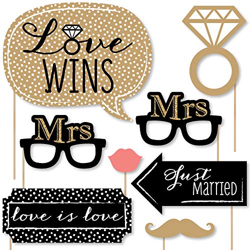 Big Dot of Happiness Mrs. and Mrs. - Gold - Lesbian Wedding Photo Booth Props Kit - 20 Count
