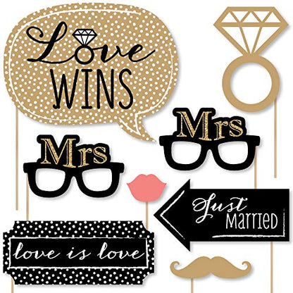 Big Dot of Happiness Mrs. and Mrs. - Gold - Lesbian Wedding Photo Booth Props Kit - 20 Count