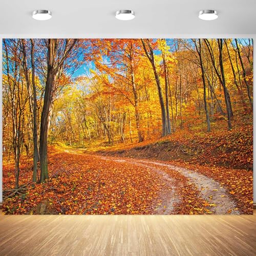 5x3ft Fall Backdrop Autumn Scenery Mountain Road Photography Background Tree and Yellow Fall Leaves View Natural Landscape Decorations Portraits Photo Studio Props - color: Blue, size: 5x3ft