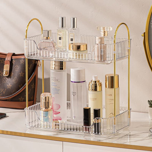 shuang qing 2 Tier Bathroom Counter Organizer Countertop Storage, Cosmetics Skincare Shelf Organizer, Makeup Organizer Perfume for Dresser Vanity Tray, Spice Rack Organizer for Kitchen - Clear - color: Lvory White, size: Standard-2 Tier