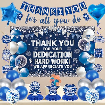 Vlipoeasn We Appreciate You Banner Decorations, Blue Silver Thank You for All You Do Backdrop Banner Honeycomb Centerpieces, Retirement Office Decor Staff Teachers Professors Doctor Nurses - style: Bue Silver
