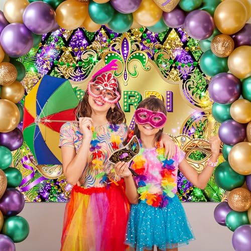 Avezano Mardi Gras Party Backdrop for Festival Carnival Masquerade Photoshoot Photography Background Retro Glitter Gold Green Purple New Orleans Mask Mardi Gras Party Decorations (7x5ft) - size: 7x5ft