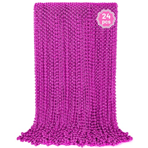 YAXINRUI 24 PCS Hot Pink Bead Necklaces, Pink Mardi Gras Beads, Cancer Awareness Beads Necklaces, Valentine Necklace, 33 Inch Round Party for Mardi Gras Christmas Cancer Awareness Month Events - color: Hot Pink, size: 24 Pcs