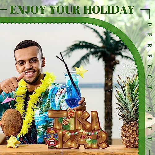 Geetery LED Tiki Bar Sign Wooden Tiki Bar Decor Hawaiian Luau Party Decoration Rustic Table Decorations LED Light Plaque for Aloha Hawaii Tropical Birthday Party Photo Props Patio Home Kitchen
