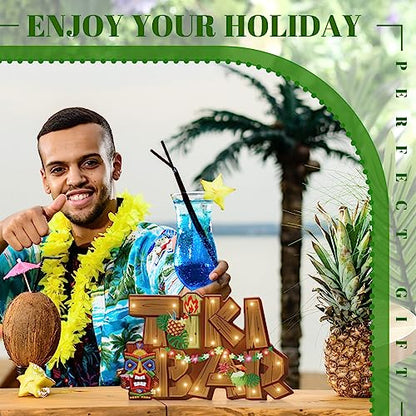 Geetery LED Tiki Bar Sign Wooden Tiki Bar Decor Hawaiian Luau Party Decoration Rustic Table Decorations LED Light Plaque for Aloha Hawaii Tropical Birthday Party Photo Props Patio Home Kitchen