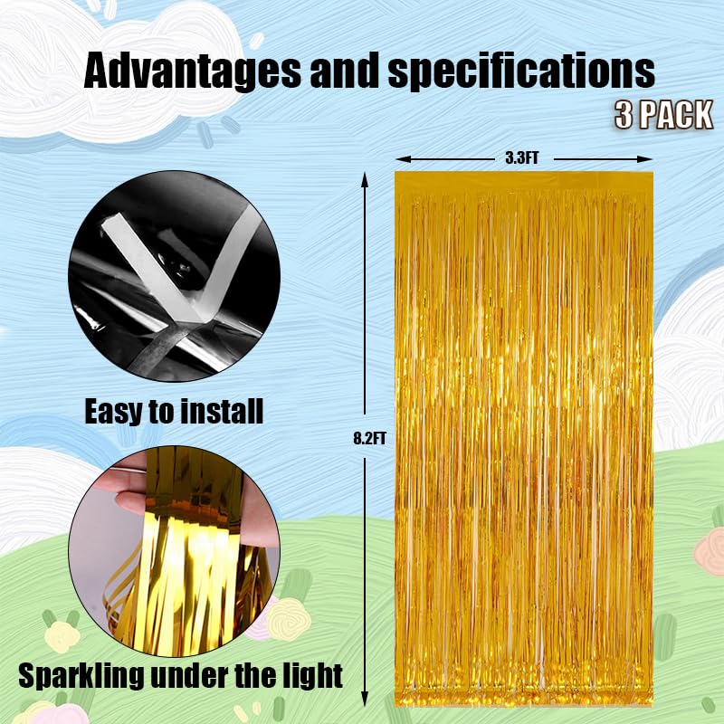 Valentines Day 3 Pack 3.3 * 8.3 ft Foil Curtain Metallic Tinsel Fringe Curtains Photo Booth Props Backdrop for Birthday Wedding Engagement Baby Shower Christmas Holiday Celebration Partyl,Gold - color: Gold, size: 3 Pack