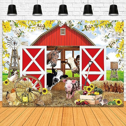 Spring Farm House Photography Backdrop 8x6ft Animals Red Rustic Barn Birthday Background Party Decorations for Kids Farm Theme Baby Shower Banner Photo Booth Props - size: 8x6ft