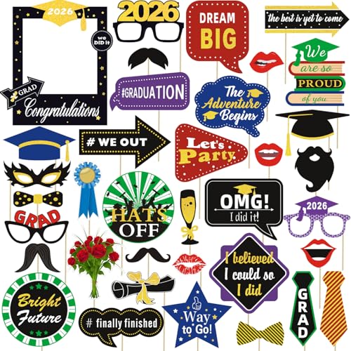 36pcs Graduation Photo Booth Props, Grad Photo Props, Graduation Decorations Class of 2026, 2026 Photo Booth Props Set for Graduation Party Favors Supplies Decorations, 2026 Grad Party Pose Signs