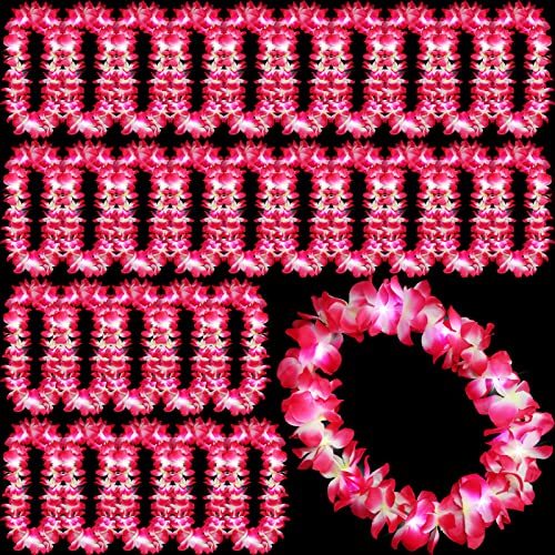 Sherr 24 Pcs LED Leis Light Up Wedding Hawaiian Leis Flower Necklace with LED Lights Beach Tropical Carnival Party Wedding Supplies Luau for Masquerade - color: Pink
