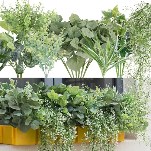 19Pcs Outdoor Artificial Boxwood UV Resistant Fake Stems Plants, Faux Plastic Greenery for Indoor Outside Hanging Plants Garden Porch Window Box Home Wedding Farmhouse Décor - color: Greenry